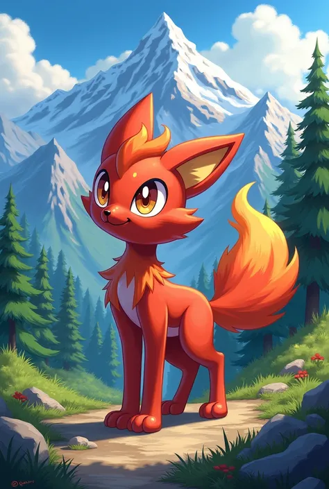 Red Torracat art. There are mountains and forest all around 
