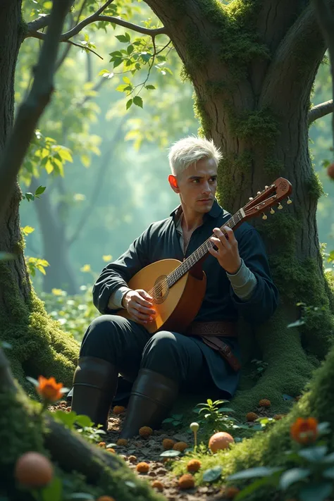 Under ancient, moss-covered trees, a half-elf bard man with amethyst skin and short white hair rests. Striking green eyes peer from beneath his dark, fitted garments as he is absorbed in thought in a vibrant enchanted forest, playing the lute 