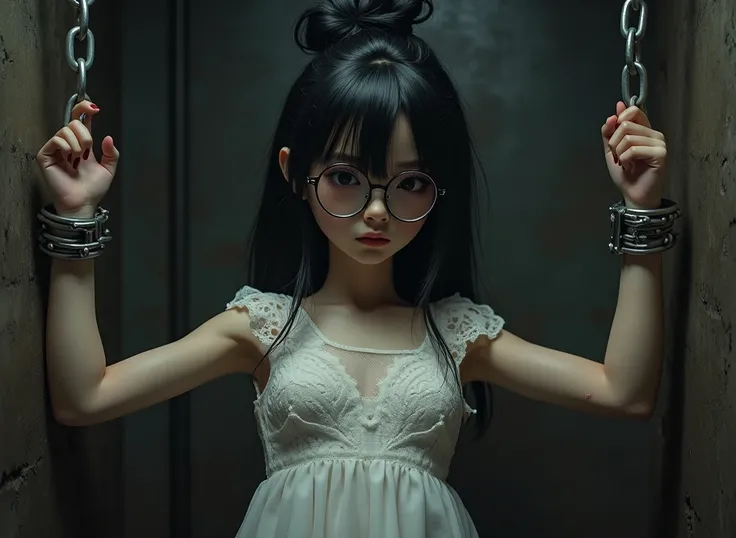 ((best quality)), ((masterpiece)), (detailed), 1girl, a beautiful girl with black hair, messy bun, wearing glasses, 2 strands of hair at front and wearing a white lace dress. She Is standing and her wrists are handcuffed with iron steel cuffs and chained u...