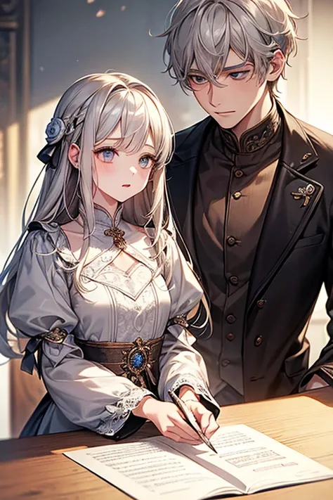 {masterpiece},{ best quality},{1 girl and boy }, cute, wonderful, beautiful、 silver haired boy and blonde girl、Friendly 、Get close, detailed , depth of writing, highly detailed CG ,original,  Very Detailed Wallpaper , calm 、 fantasy 