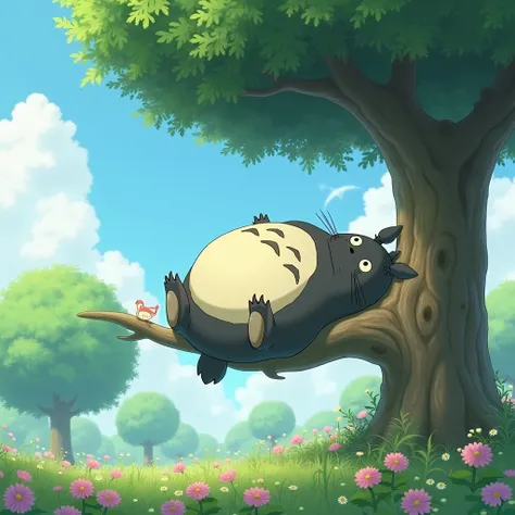 Totoro, laying on a branch of round tree, four legs and face down, shunshine, enjoy, background garden with round trees and flowers, spring, blue sky and clouds, Wind, romantic style 