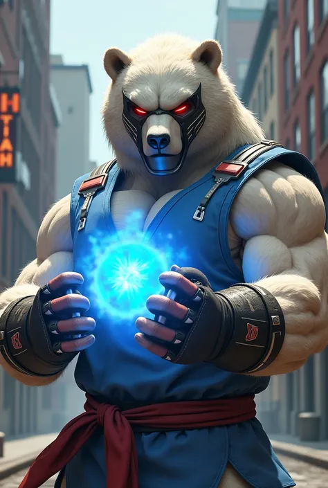 Ryu de street fighter avec une tête d ours blanc qui porte le masque de robocop et une boule de feu bleue dans la main devant le torse
