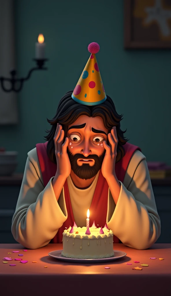 An exciting and dramatic animation begins with Jesus sitting alone at a table, wearing a colorful party hat. He looks at a simple birthday cake with a single lit candle. The flame flickers slightly, reflecting a warm glow on his face, which soon begins to ...