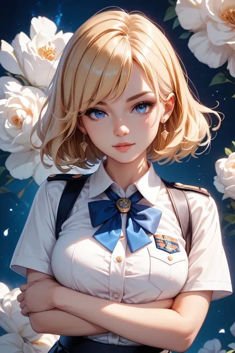 (( masterpiece, highest image quality, high resolution ))、(( High Definition CG Unified 8K Wallpaper))、 arms crossed 、 black tights、JK、uniform、Blonde、Blue eyes