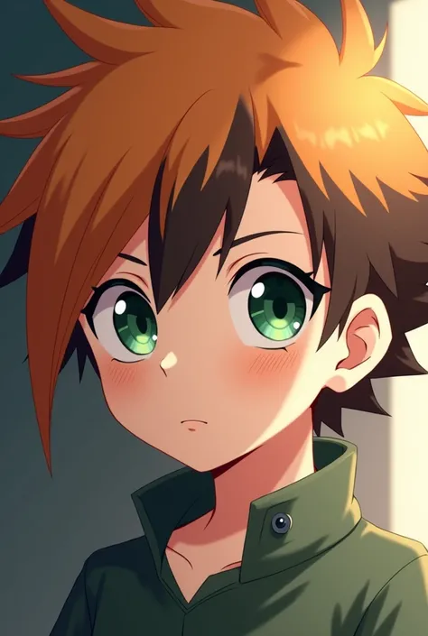 A  boy, his ashy orange hair is styled dark brown with longer bangs that hang from the left side of his face.. Elle devient noire aux pointe les yeux verts aux formes de losange style anime