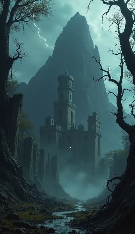  The ruined castle under the mountain in Africa 

" A dark, dilapidated castle covered in thick fog ,  surrounded by twisted trees and s hanging from the branches,  located under a rocky mountain in Africa , with stormy skies ,  lightning illuminating the ...