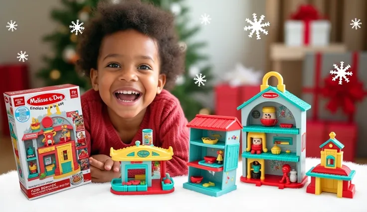 Create a vibrant YouTube thumbnail featuring the title: Top 5 Melissa & Doug Play Sets for s in 2024 | Best Holiday Gifts for Pretend Play and Learning. Showcase colorful, engaging play sets (like wooden toys, pretend food, or activity sets) with ren happi...