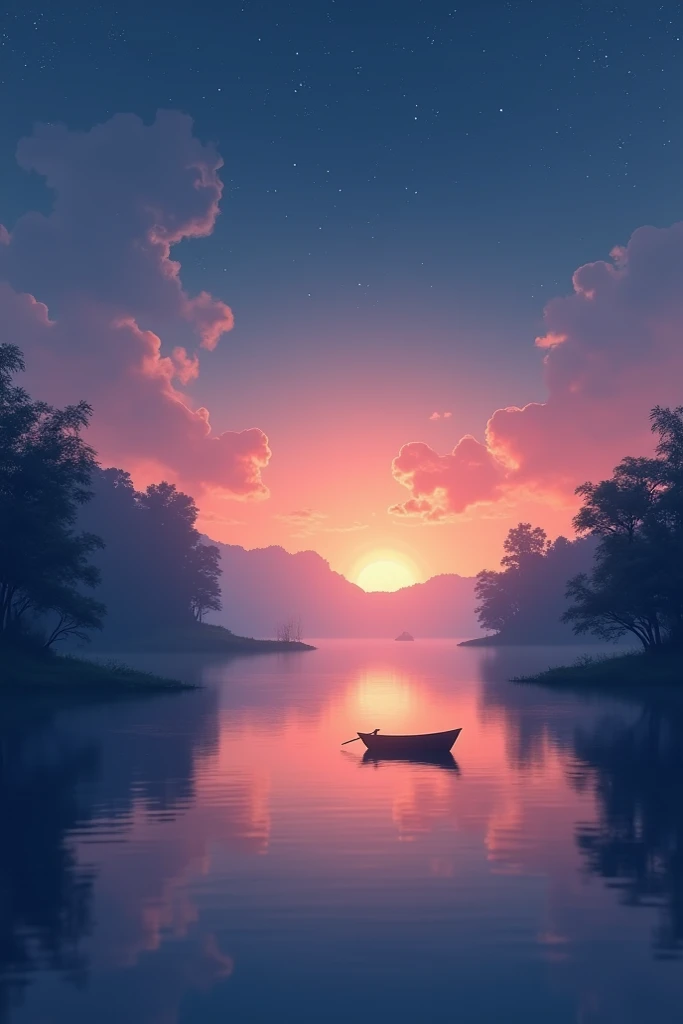 After sunset, twilight lake: A calm lake under the twilight sky, with faint remnants of sunset fading into deep blues and purples. The first stars are beginning to appear, and the silhouette of a small rowboat is visible on the water.