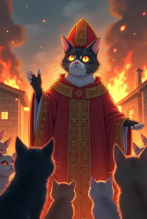 Anime cat bishop preaching a sermon to kittens against the background of a burning village