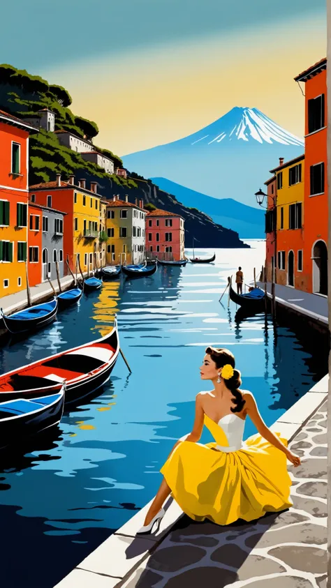 Create an ink-on-newspaper artwork in the style of Loui Jover (1.5), featuring a stunning European landscape that prominently showcases Vesuvio and the sea. Incorporate elements of Venezia and Switzerland and the iconic hot glamour sexy breathtaking fascin...