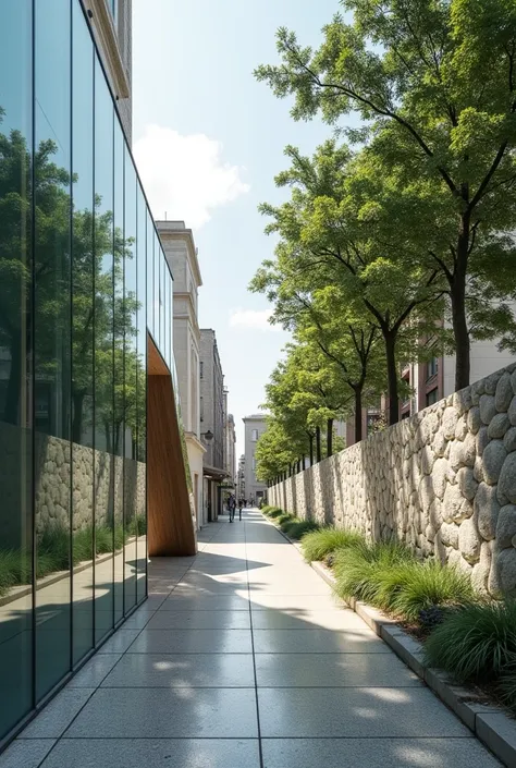 Design of diagonal sides space with an area of 100 square meters,that built below  the ground level in  city’s side walking and one sides of which are made of shiny glass and  one sides of stone with broken edges. This space on the walking path is designed...