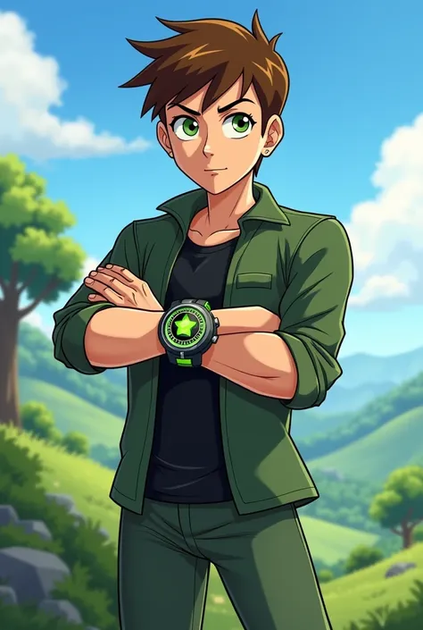 Ben Tennyson With Omnitrix watch Standing In Style With Scenery Background Detailed Image Clear Blur 