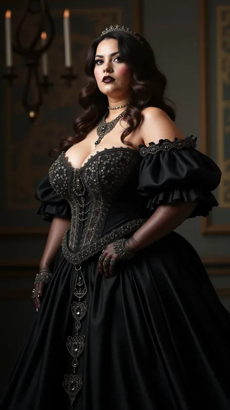 photorealistic full body photo of plus size woman, brunette woman,(art by Noah Bradley:1.2), (elegant pose:1.5),(curvy:1.2), (realistic skin :1.5),(realistic:1.5),high quality,(gothic make-up) , wearing royal gothic dress , highly detailed ornaments on the...