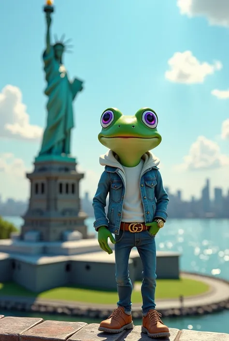 "Create a detailed 3D scene featuring a whimsical and handsome cartoon frog character with smooth green skin, glowing alien eyes in vibrant electric blue and violet, and a toned, athletic physique. The character is exploring the Statue of Liberty in New Yo...