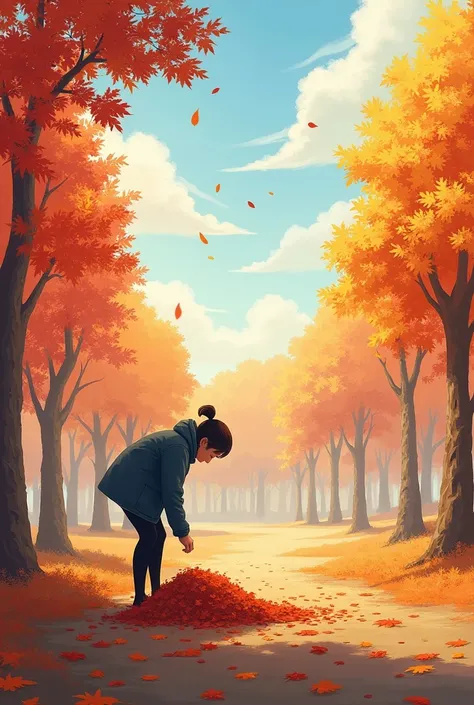 Back view of a  picking up fallen leaves
Autumn-like landscape（autumn leaves、Sky and trees々contrast of）
Realistic