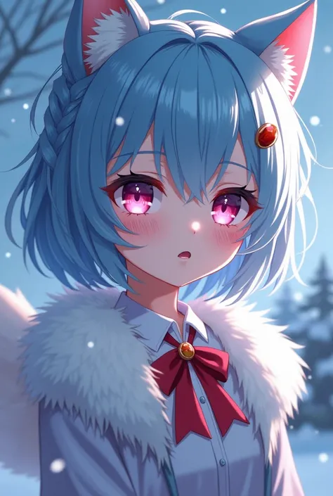  Close-up of an improved masterpiece:1.5)0.9], ( Christmas landscape:1.2) ( anime girl of light blue messy short hair and a braid:1.1) (heterochromia: with pink and blue eyes :1.2) (with wolf ears the color of the hair, a red brooch and an angel aura:1.0) ...