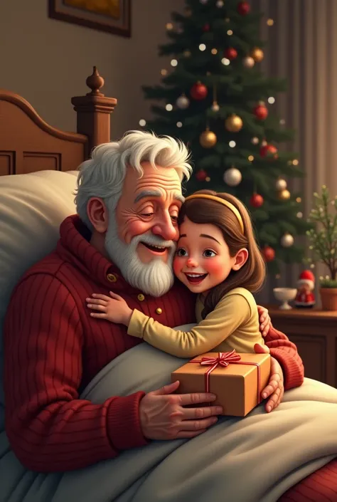 A girl hugging her grandfather cheerfully for the Christmas present and grandpa is in a bed 