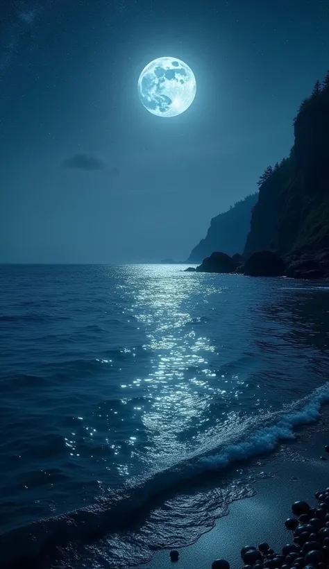  Fascinating ,  mysterious night ocean scene , creating 、Crystal clear,  sparkling water 、 Huh {x} The hidden region remains in its ancient form and {x} stretches toward a distant horizon that appears to be seamlessly connected to the starry sky.  the moon...