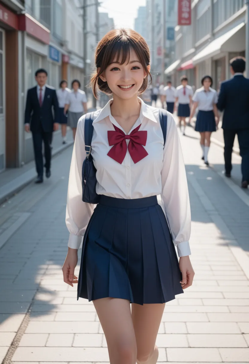 japanese school girl walking down the main street, school uniform, white blouse, ribbon at the chest, brown hair, smile,