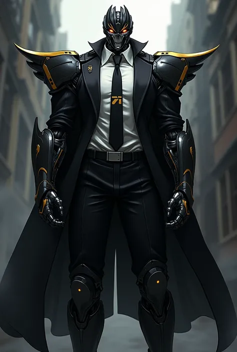 romania hetalia modeled  after megatron robot  transformers   with black suit white shirt and black yellow necktie 