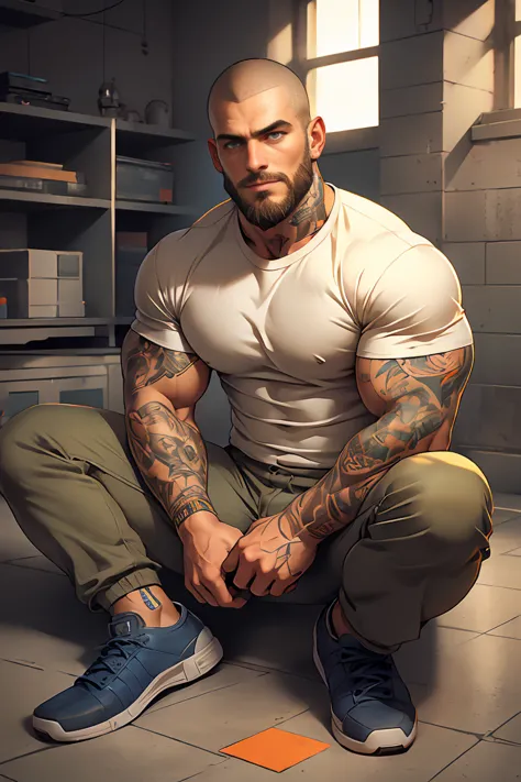 handsome and muscular inmate man, strong arms, sitting, orange prison pants, white tshirt, blue eyes, beard, buzzcut, tattooed, ...