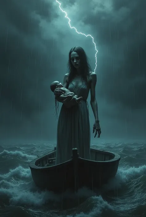 A scary woman in grey frock in boat with his new born  in a stormy night ai image