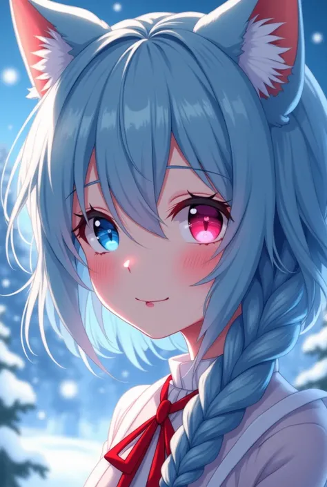  Close-up of an improved masterpiece:1.5)0.9], ( Christmas landscape:1.2) ( anime girl of light blue messy short hair and a braid:1.1) (heterochromia: with pink and blue eyes :1.2) (with wolf ears the color of the hair, a red brooch and an angel aura:1.0) ...