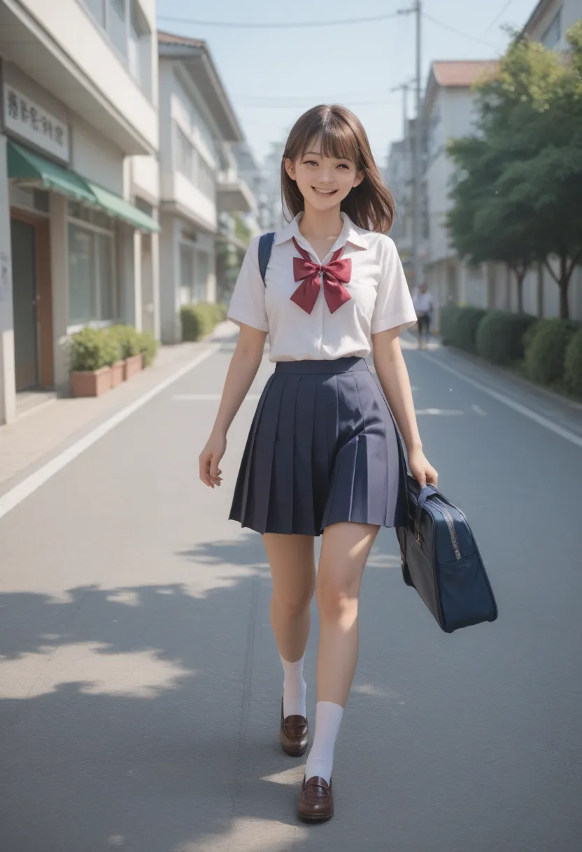 japanese school girl walking down the main street, school uniform, white blouse, ribbon at the chest, brown hair, smile,