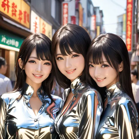 Japanese family buttoned in extremely tight shiny metallic blouse, Lens reflection, Reflected light, Are in town,  black hair, smile, Breasts, langes Haar, Make-up, 