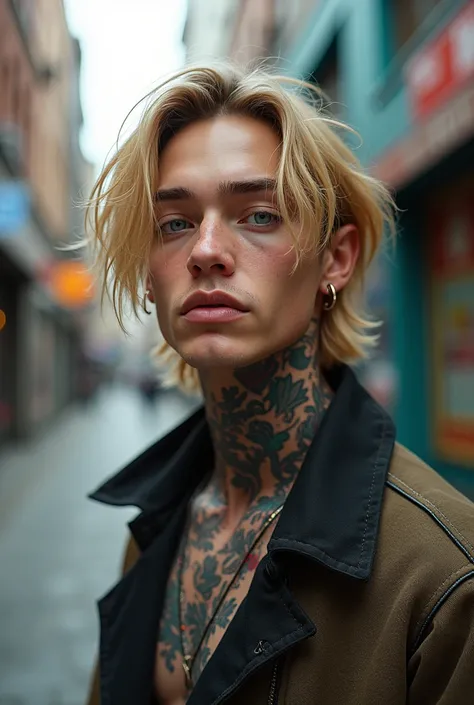 Blond-haired Boy , blue eyes. 25 years.  tattoos and lip piercings