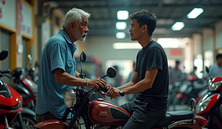  Suddenly, inside the motorbike shop , the motorbike seller interjects with a question to Ramli who still on the motorbike