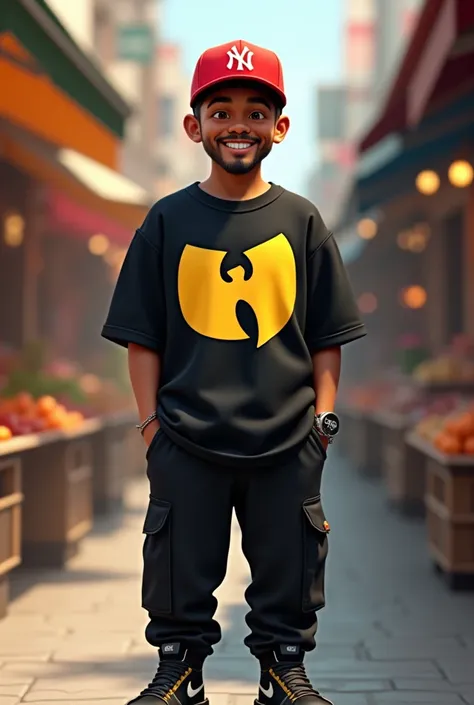  Make a 3d realistic image of a man smiling sweetly ,  dimpled Wearing a black oversize t-shirt with wutang clan logo and wearing black cargo pants,  wearing nike jordan shoes .  Wearing a red hat , logo yn (yankees) white.  Posing in the middle of the mar...