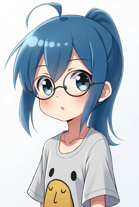 A blue-haired boy with a ponytail and black eyes wears glasses and anime version anime shirt