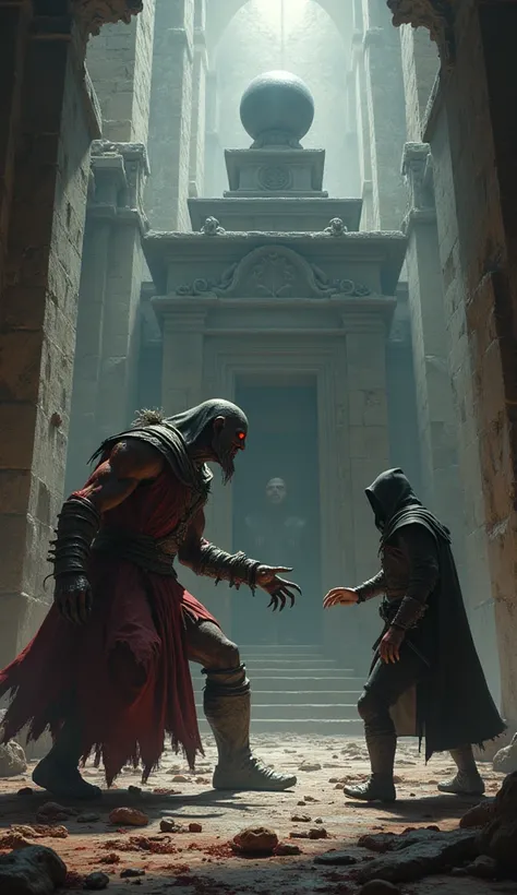 Columbus confronting Ezio 

"Christopher Columbus,  deformed by demonic powers , with glowing red eyes,  partially burned skin and sharp claws ,  shines fighting against Ezio Auditore in an ancient temple surrounded by bloodied s,  with a central altar whe...