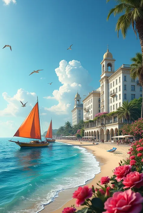 Photo de plusieurs magnifiques voiliers de toute les couleurs, qui passent devant un magnifique hôtel palace méditerranéen des années 1900 , à la façade blanche et remplie de belles fleurs, sur une magnifique plage de sable, remplie de belles fleurs, avec ...