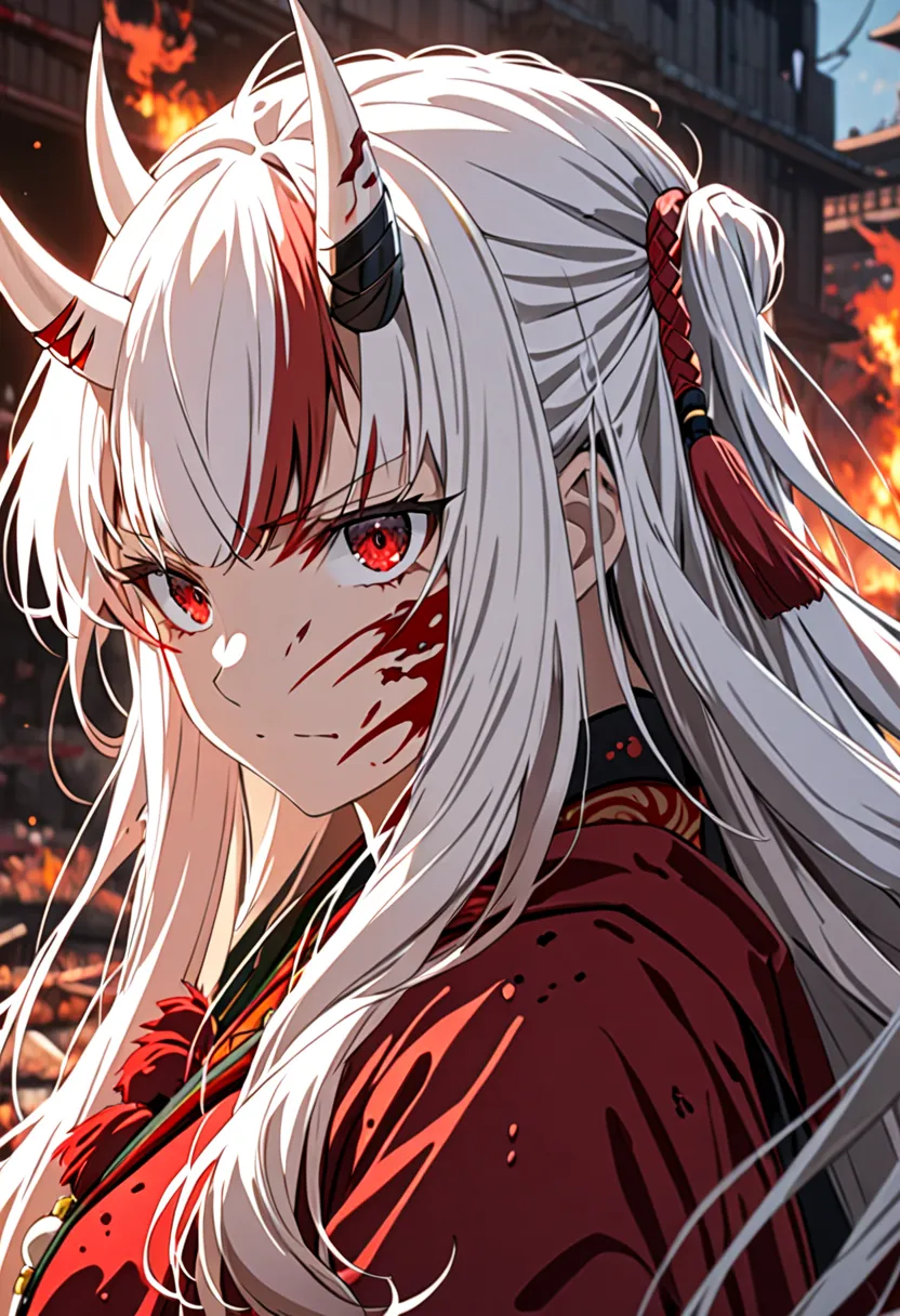 8k ultra high-quality, ultra-detailed, high quality, nakiri ayame, white oni horns, long hair, side view, injured face, blooded ...