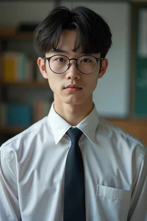 A man who has rimless eyeglass. Hes wearing his school uniform.