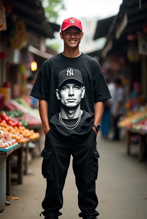  Create a realistic image of a Javanese man smiling sweetly ,  dimpled Wearing a black oversized t-shirt with an image of eminems face. wearing black cargo pants ,  wearing nike jordan shoes .  Wearing a red hat , logo yn (yankees) white.  Posing in the mi...