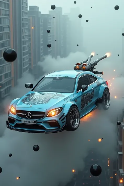 Counter 🤣
Promt 
light blue Mercedes Benz C-Class with black dragon stickers, complete modifications, with a jet engine and a cool big cannon that shoots bullets, "GEN.Z" number plate, silver rims, flying in the air out of a circle of black holes, thick fo...