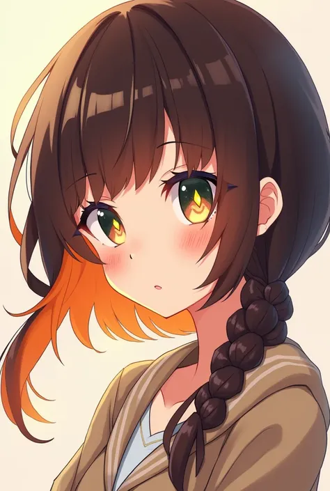  A  girl Her dark brown hair is styled in orange with longer bangs that hang from the right side of her face.. She turns amber brown at the tips, one green and the other amber, with the shape of a diamond, anime style  