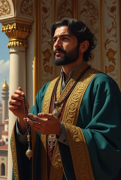 Get a rosary in the hand of a Turkish drawstring with a mustache wearing an ottoman
