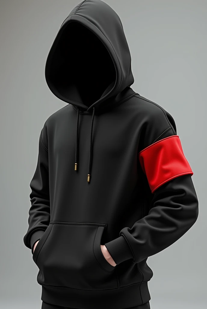 a black hoodie mockup with a red armband