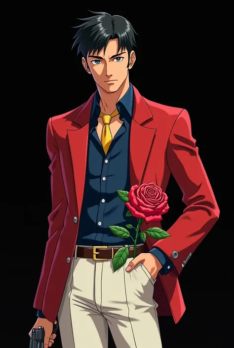 (Amazing. Super high quality. So beautiful. Super detailed. Perfect face. Perfect eyes. Perfect anatomy. A masterpiece. Incredible. 2D, Japanese animation cel). Large detailed rose flower on pitch black background. Half-cut hair. Detailed sideburns. Red ja...