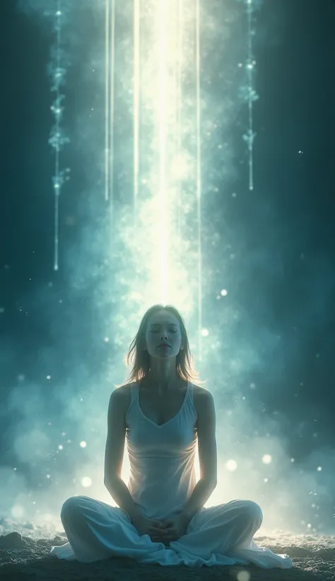 A person with a serene and connected expression, abstract image of light. 