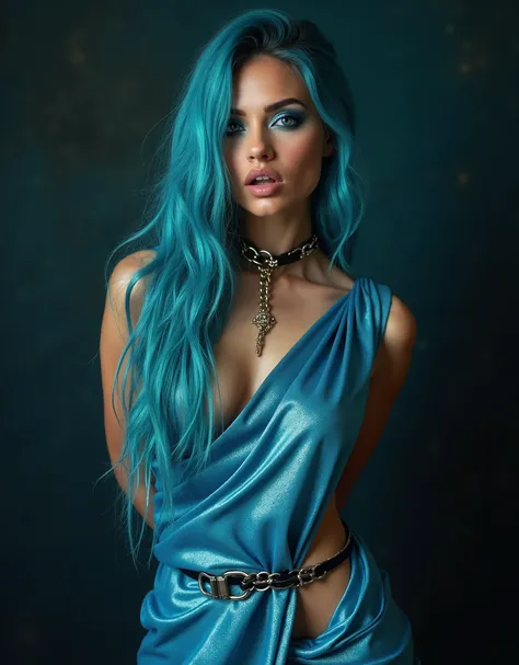 Aesthetic Bondage bdsm in blue shimmering saree, long cyan hair, seductive mood, gasping for breathe, mouth open, seductive expressions, shimmery blue cat eye makeup, handcuffed and black collar chained , locked collar, and hands tied behind the back in ha...