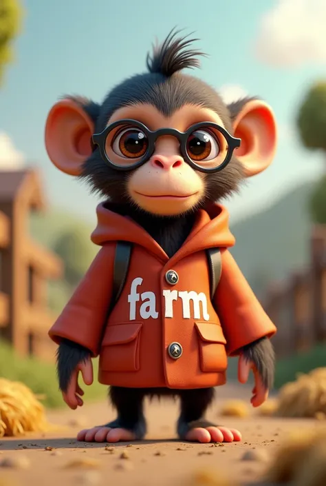  a small monkey wearing glasses , ,Take off  &  Trapstar in 3D with a closed coat written in the middle with the word: FARM 