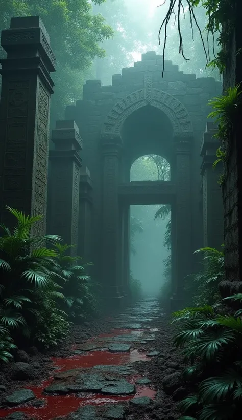  The cursed ruins in the Caribbean 

" Ancient ruins shrouded in fog ,  with mystical inscriptions on the walls ,  dried blood on the ground and dark energy floating in the air,  surrounded by dense, dark jungle , oppressive and terrifying environment ."