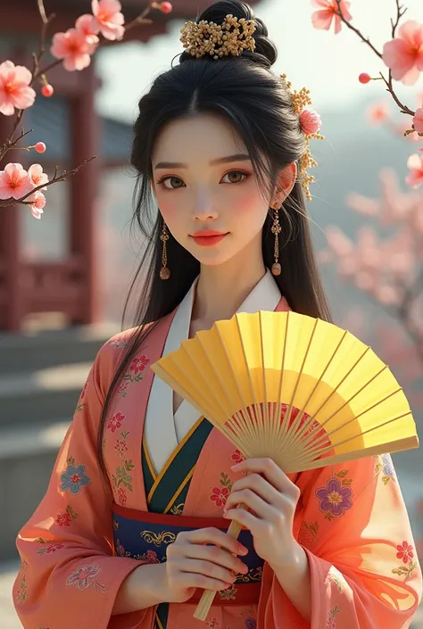  A beautiful Korean woman with long black hair wearing a distinctive dress holding a big hand fan in yellow color floral motifs in the background.Behind the Japanese palace there are cherry trees and beautiful little flowers  