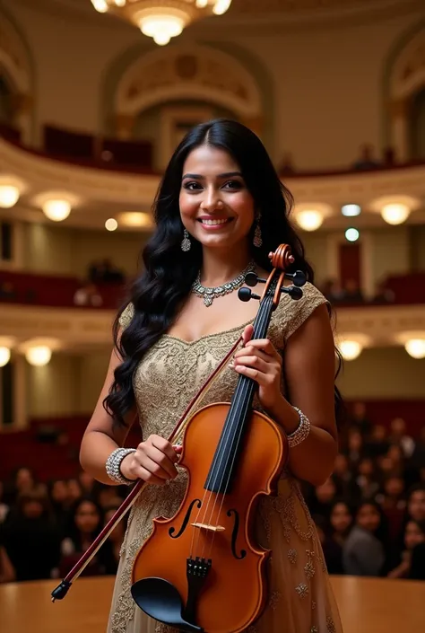 A stunning Indian woman with long flowing black hair, wearing an elegant performance outfit, poses for photos holding her violin with a smiling expression. In the background, an audience, highlighting the setting of a concert hall.