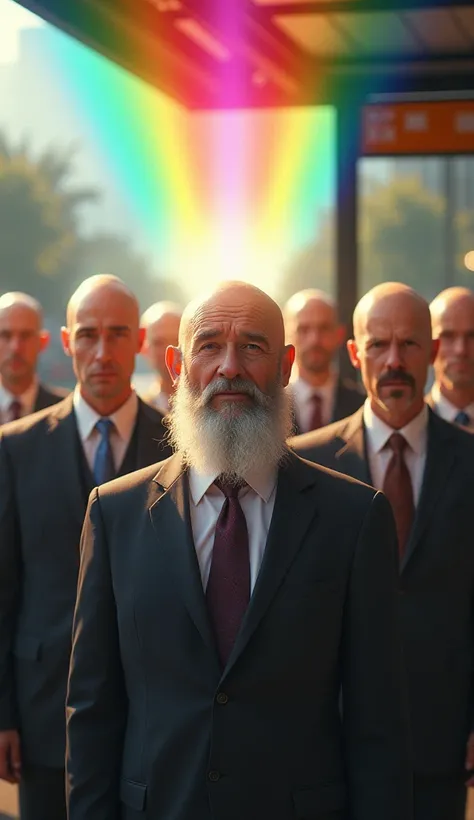 Rainbow Bridge、Bald Head Businessman 、Bearded、７人のBald Head Businessman 、Bald-headed businessman shooting rainbows from his head 、 rainbow color for each person、Sunlight reflects on the head 、At the bus stop、The rainbow fairy old man 、 the old man is the be...